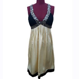 Sue Wong Nocturne Dress 6 Black Ivory Silk Charmeuse Empire Short Jewel Trim